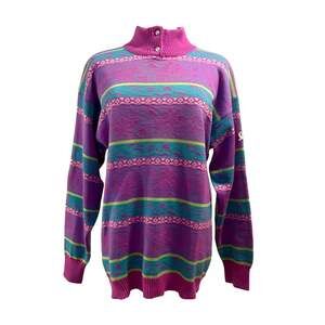 Vintage 100% Wool Demetre Purple Pink Teal Mock Neck Ski Sweater Retro Large